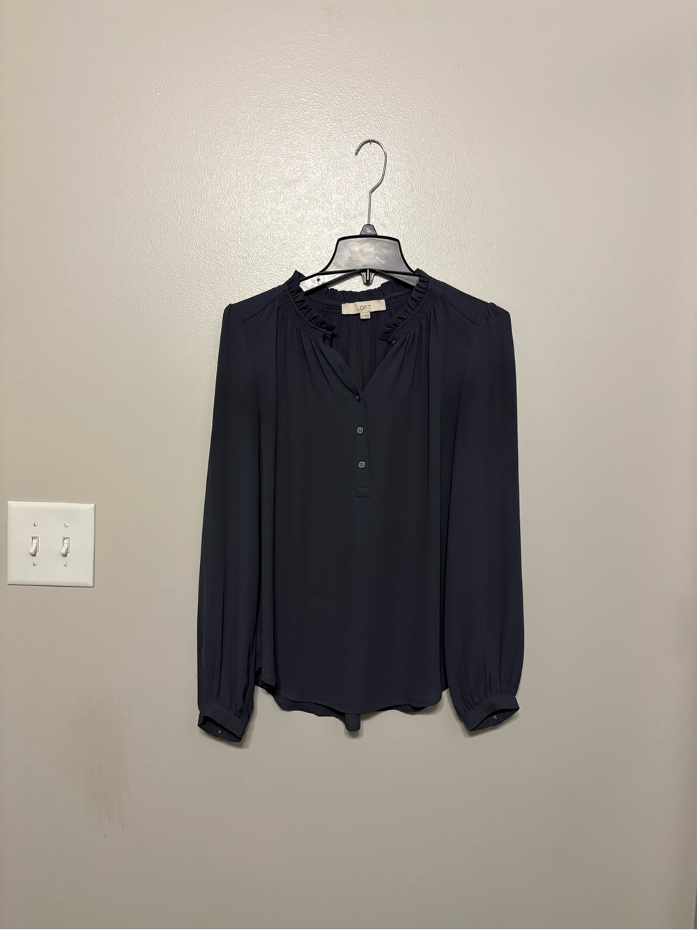 Loft Dark Grey Ruffle-Neck Long Sleeve Blouse